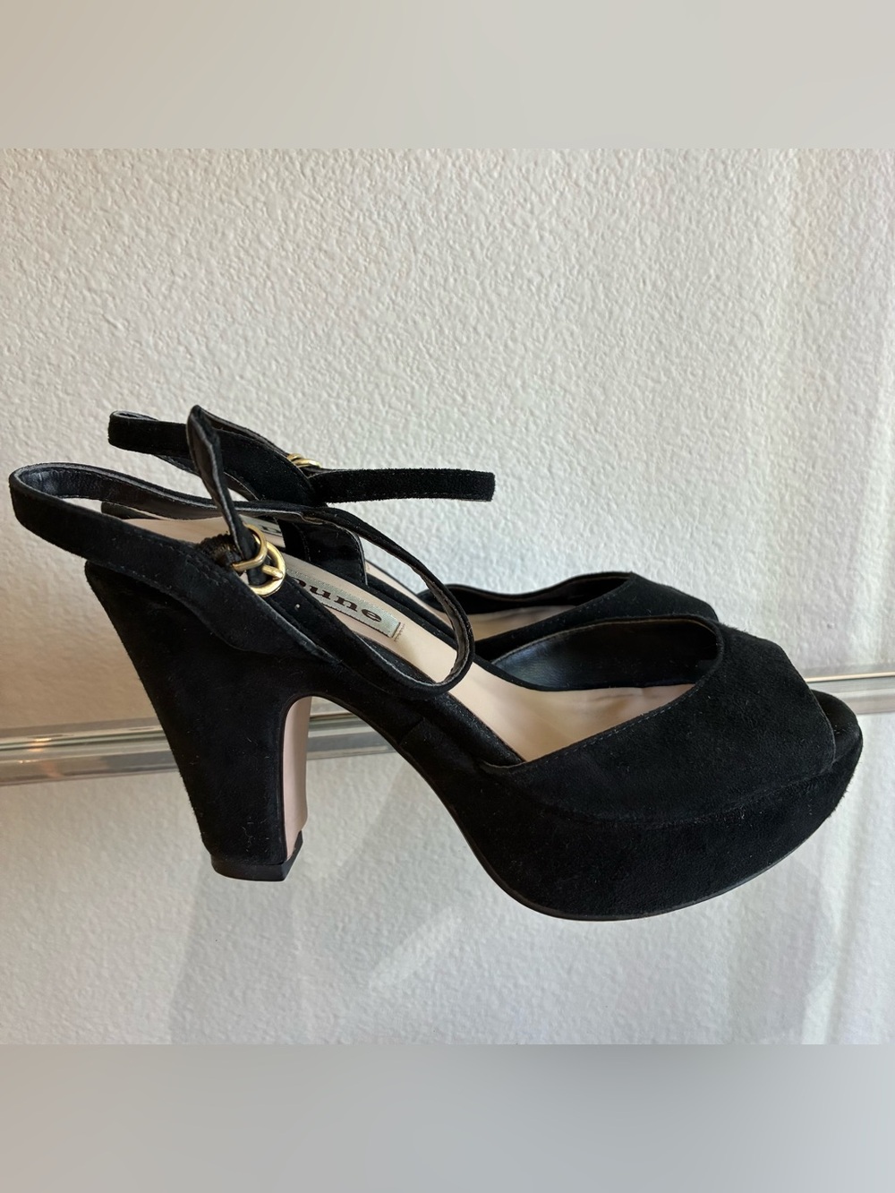 Dune London 37 Black Suede Platform Peep Toe Heels Sandals